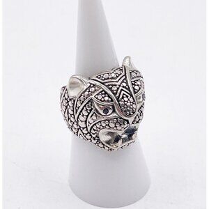 925 Sterling Silver Leopard Panther Cat Head Ring Heavy Statement Size 7 Unisex
